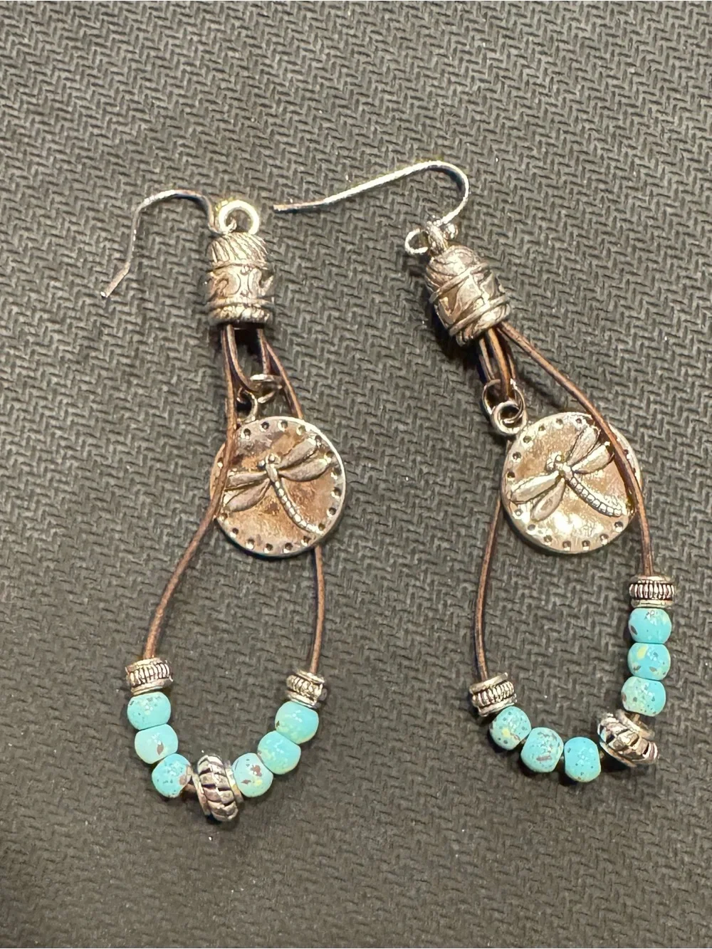 Turquoise Bead Silver Tone Dragonfly Drop Earrings